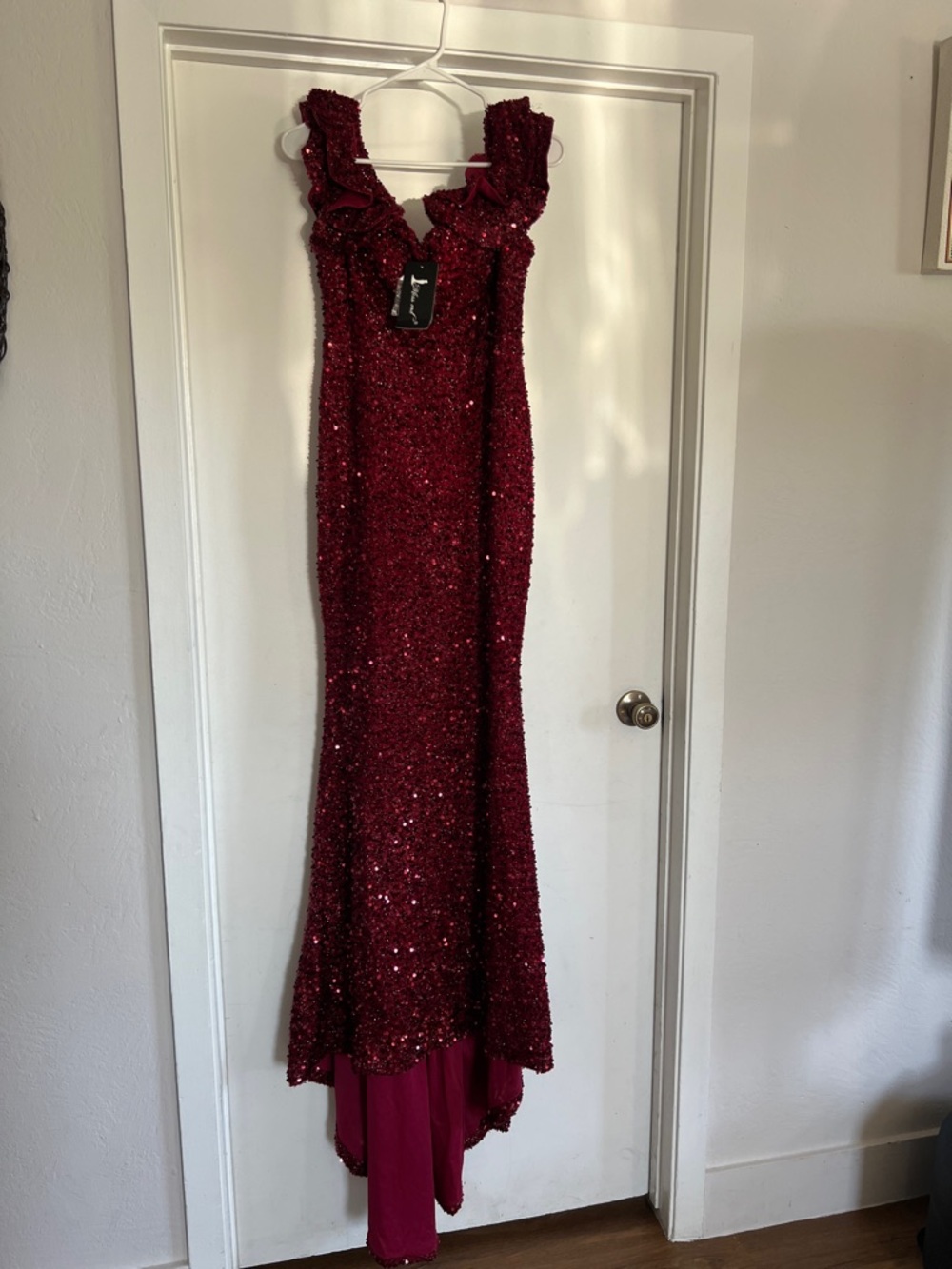 Sequined Burgundy Prom Dress with Ruffle Neckline